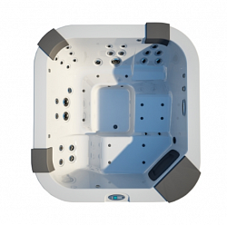 JACUZZI Santorini Pro минибассейн 230x215x90 см Обшивка Тик, LED подсв., водопад, подгол. 3 шт. LCD пульт упр., система обр. воды у/ф-м Clear Ray, возд. массаж, аромотерапия, Крышка чехол, с эл. нагрев. цвет: Белый